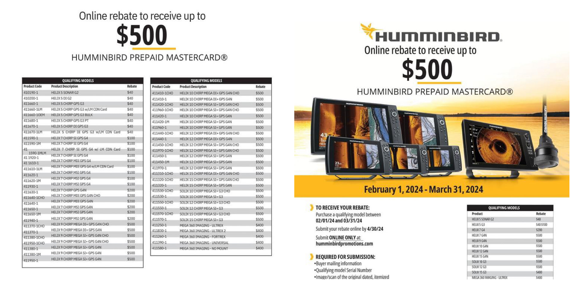 Up to $500 Rebate on Qualifying Humminbird Units - Details in product picture listings!