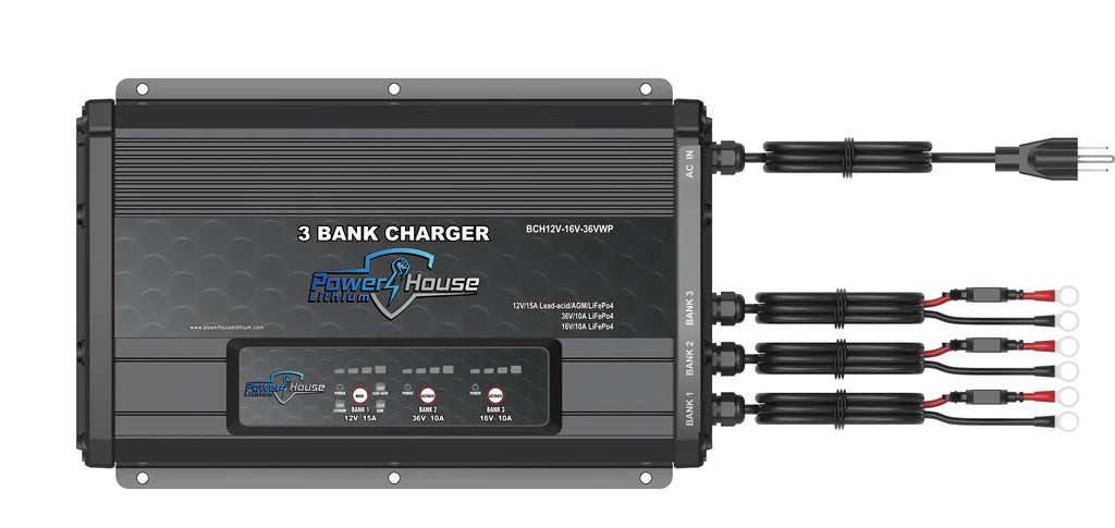 POWERHOUSE LITHIUM 3-BANK WATERPROOF BATTERY CHARGER 12V-16V-36V