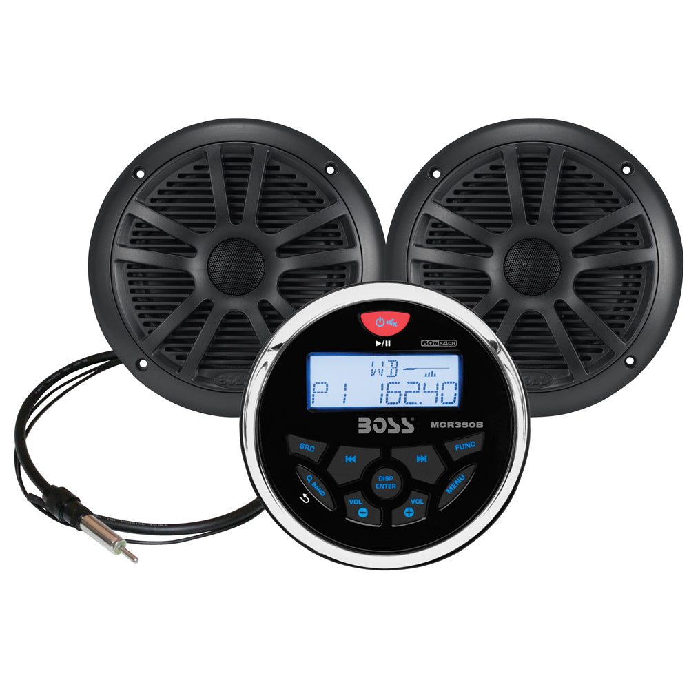 Boss Audio MCKGB350B.6 Combo - Marine Gauge Radio w-Antenna & 2 6.5" Speakers - Black