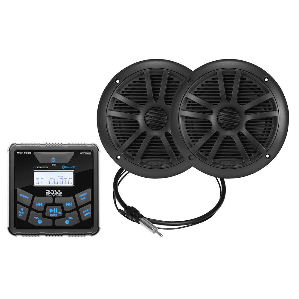 Boss Audio MCKGB450B.6 Marine Package - In-Dash Marine Gauge Digital Media AM-FM-BT Receiver w-6.5" Speakers - Black