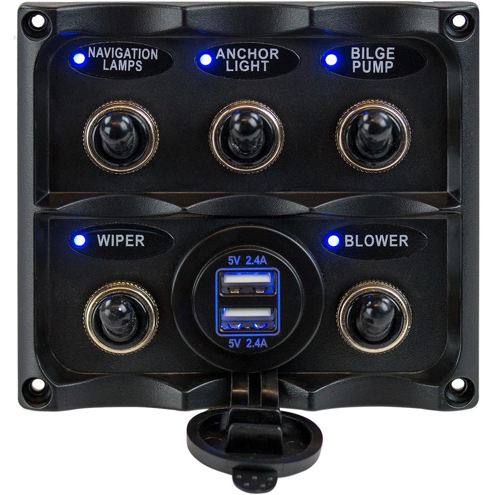 Sea-Dog Water Resistant Toggle Switch Panel w-USB Power Socket - 5 Toggle