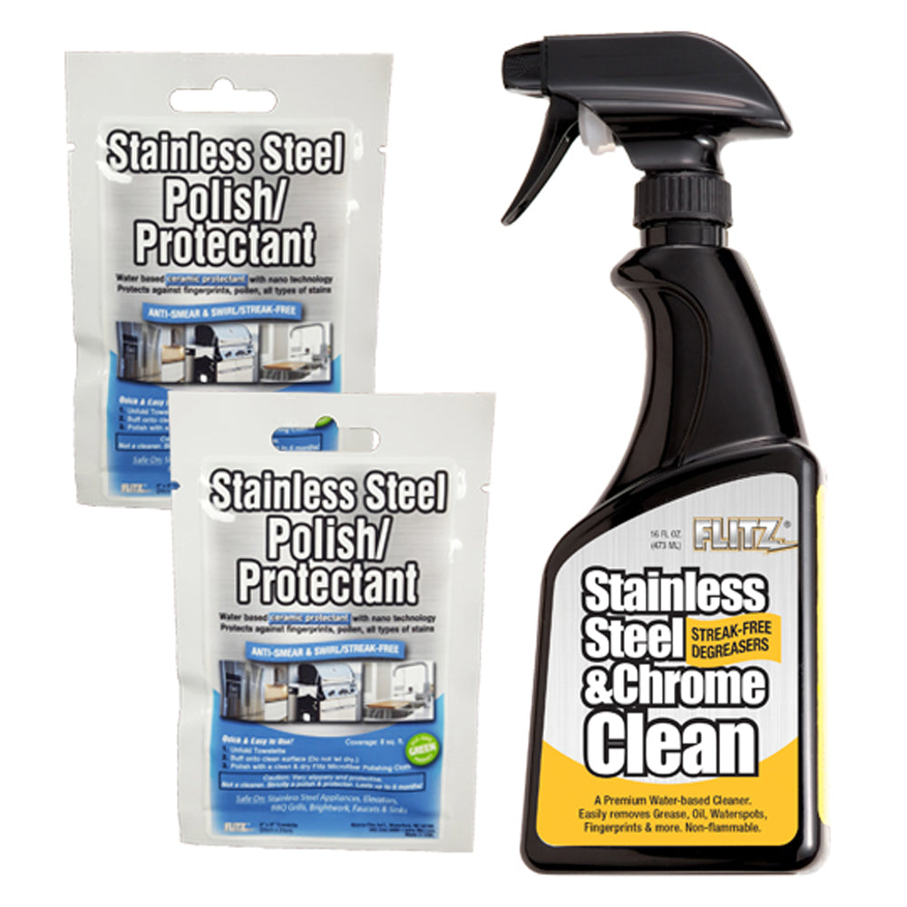 Flitz Stainless Steel & Chrome Cleaner w-Degreaser 16oz Spray Bottle w-2 Stainless Steel Polish-Protectant Towelette Packets